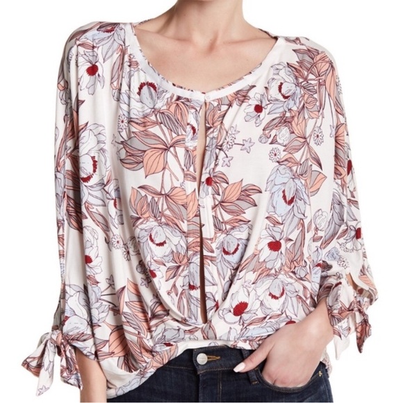 Free People Tops - Free People Reversible Floral Blouse in Cream, Rose, Grey - XL -EUC